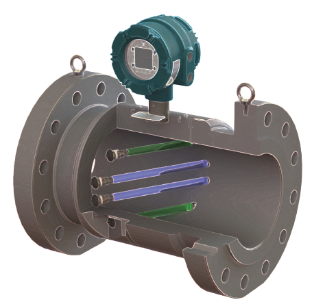 The paths of ultrasound depicted in an ultrasonic flowmeter from Transus.