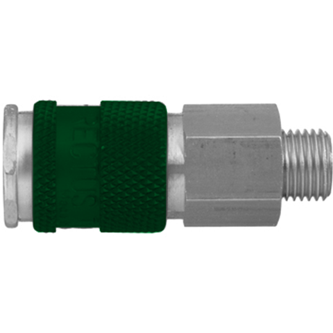 45150011 Coupling - Single Shut-off - Male Thread Quick coupling single shut-off coded system - Rectukey.  The mechanical coding of the coupling and plug offers a  guarantee for avoiding mix-ups between media when coupling, which is complemented by the color coding of the anodised sleeves. Double shut-off version available on request.