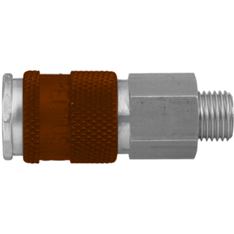 45150013 Coupling - Single Shut-off - Male Thread Quick coupling single shut-off coded system - Rectukey.  The mechanical coding of the coupling and plug offers a  guarantee for avoiding mix-ups between media when coupling, which is complemented by the color coding of the anodised sleeves. Double shut-off version available on request.