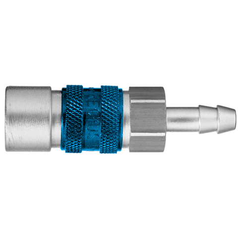 48022530 Coupling - Single Shut-off - Hose Barb Quick coupling single shut-off coded system - Rectukey.  The mechanical coding of the coupling and plug offers a  guarantee for avoiding mix-ups between media when coupling, which is complemented by the color coding of the anodised sleeves. Double shut-off version available on request.