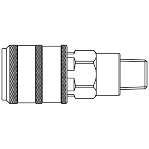 48147340 Coupling - Self Venting - Male Thread Self-Venting quick coupling.The Self-venting takes place during disconnection – no risk of pressurised hoses being  tossed around. When the sleeve is pulled back, the plug is released yet remains locked in. The  coupling valve closes and the air is vented from the air line at the same time. Only then, by operating the sleeve again, can uncoupling take place safely. The system fulfils the requirements  of ISO 4414 – increased safety standards in the work place. The plastic sleeve does not scratch working surfaces.